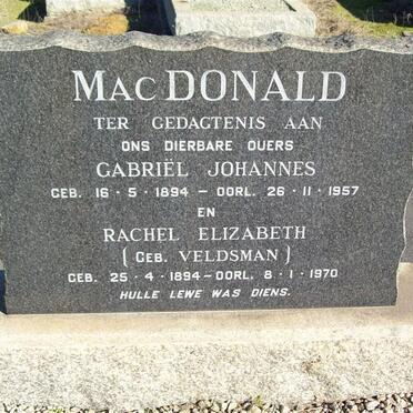 MacDONALD Gabriel Johannes 1894-1957 &amp; Rachel Elizabeth VELDSMAN 1894-1970