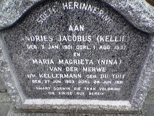 MERWE Andries Jacobus, van der 1901-1997 &amp; Maria Magrieta voorheen KELLERMANN nee DU TOIT 1903-1991