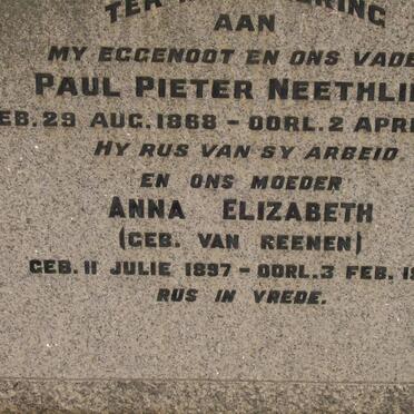 NEETHLING Paul Pieter 1868-1954 &amp; Anna Elizabeth VAN REENEN 1897-1982