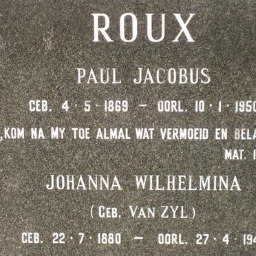 ROUX Paul Jacobus 1869-1950 &amp; Johanna Wilhelmina VAN ZYL 1880-1948
