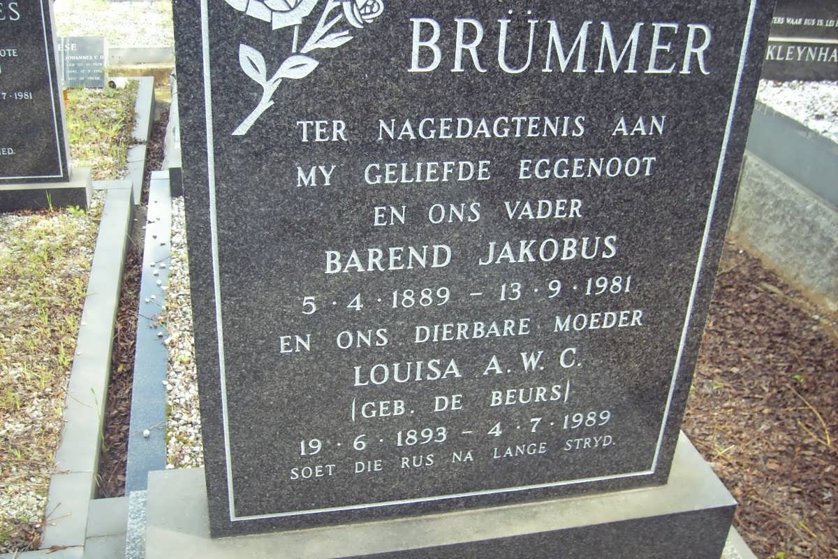 BRUMMER Barend Jakobus 1889-1981 &amp; Louisa A.W.C. DE BEURS 1893-1989