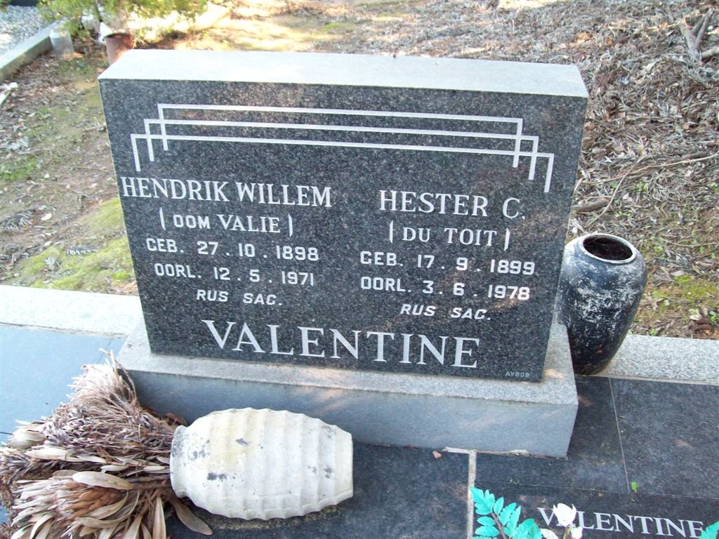 VALENTINE Hendrik Willem 1898-1971 &amp; Hester C. DU TOIT 1899-1978