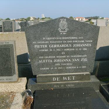 WET Pieter Gerhardus Johannes, de 1912-1966 &amp; Aletta Johanna Van Zyl TANCRED 1913-2003