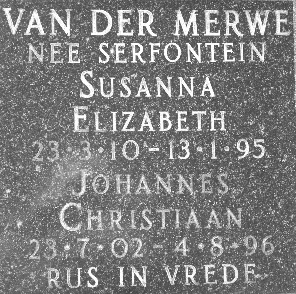 MERWE Johannes Christiaan, van der 1902-1996 &amp; Susanna Elizabeth SERFONTEIN 1910-1995