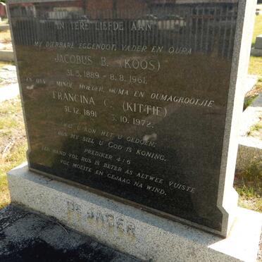 JAGER Jacobus B., de 1889-1961 &amp; Francina C. 1891-1972