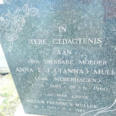 MULLER Anna E.J. nee SIEBERHAGEN 1883-1960 :: MULLER Willem Frederick 1923-1985