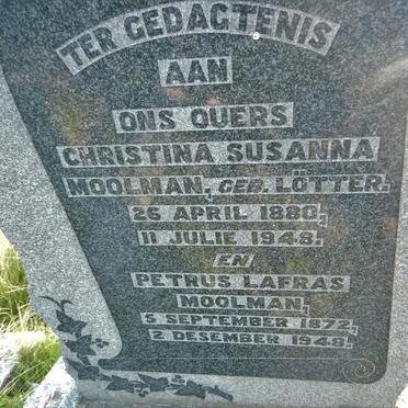 MOOLMAN Petrus Lafras 1872-1948 &amp; Christina Susanna LÖTTER 1880-1948