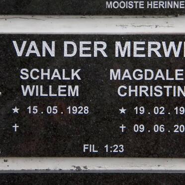 MERWE Schalk Willem, van der 1928- &amp; Magdalena Christina 1930-2011
