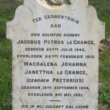 GRANGE Jacobus Petrus, le 1842-1912 &amp; Magdalena Johanna Janettha PRETORIUS 1844-1921