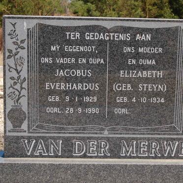 MERWE Jacobus Everhardus, van der 1929-1990 &amp; Elizabeth STEYN 1934-