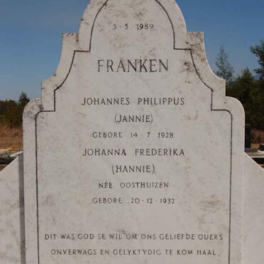 FRANKEN Johannes Philippus 1928-1989 &amp; Johanna Frederika OOSTHUIZEN 1932-1989