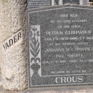 CROUS Petrus Gerhardus 1870-1955 &amp; Johanna H.I. SWART 1881-1968