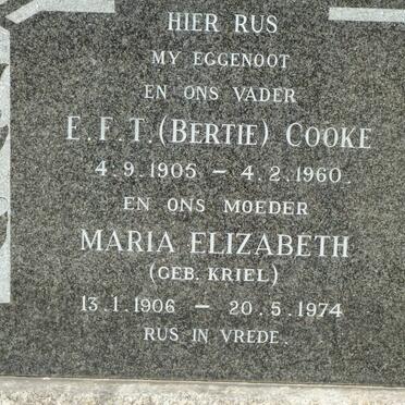 COOKE E.F.T 1905-1960 &amp; Maria Elizabeth KRIEL 1906-1974