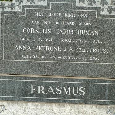 ERASMUS Cornelis Jakob Human 1871-1950 &amp; Anna Petronella CROUS 1876-1952