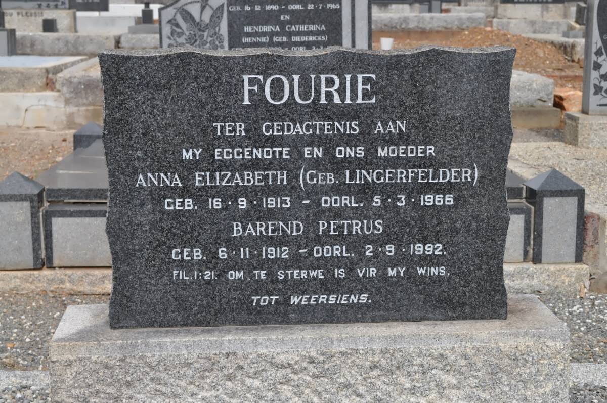 FOURIE Barend Petrus 1912-1992 &amp; Anna Elizabeth LINGERFELDER 1913-1966