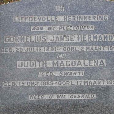 HERMANUS Cornelius Janse 1891-1950 &amp; Judith Magdalena SWART 1885-1955