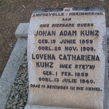 KUNZ Johan Adam 1859-1909 &amp; Lovena Cathariena STEYN 1859-1940