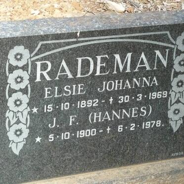RADEMAN J.F. 1900-1978 &amp; Elsie Johanna 1892-1969