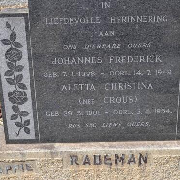 RADEMAN Johannes Frederick 1898-1949 &amp; Aletta Christina CROUS 1901-1954