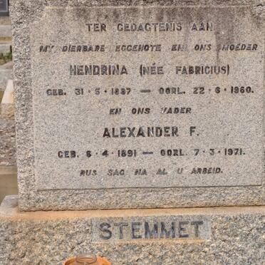 STEMMET Alexander F. 1891-1971 &amp; Hendrina FABRICIUS 1897-1960