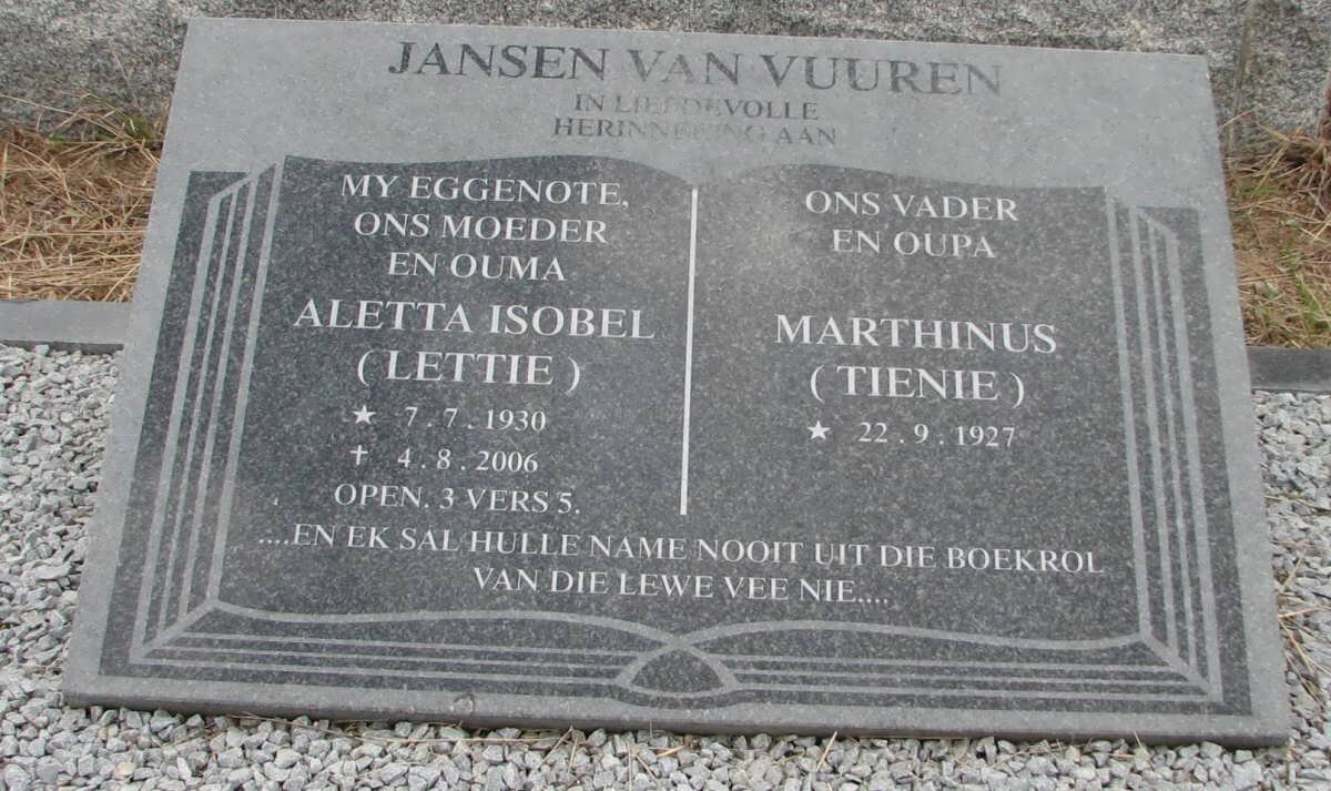 VUUREN Marthinus, jansen van 1927- &amp; Aletta Isobel 1930-2006
