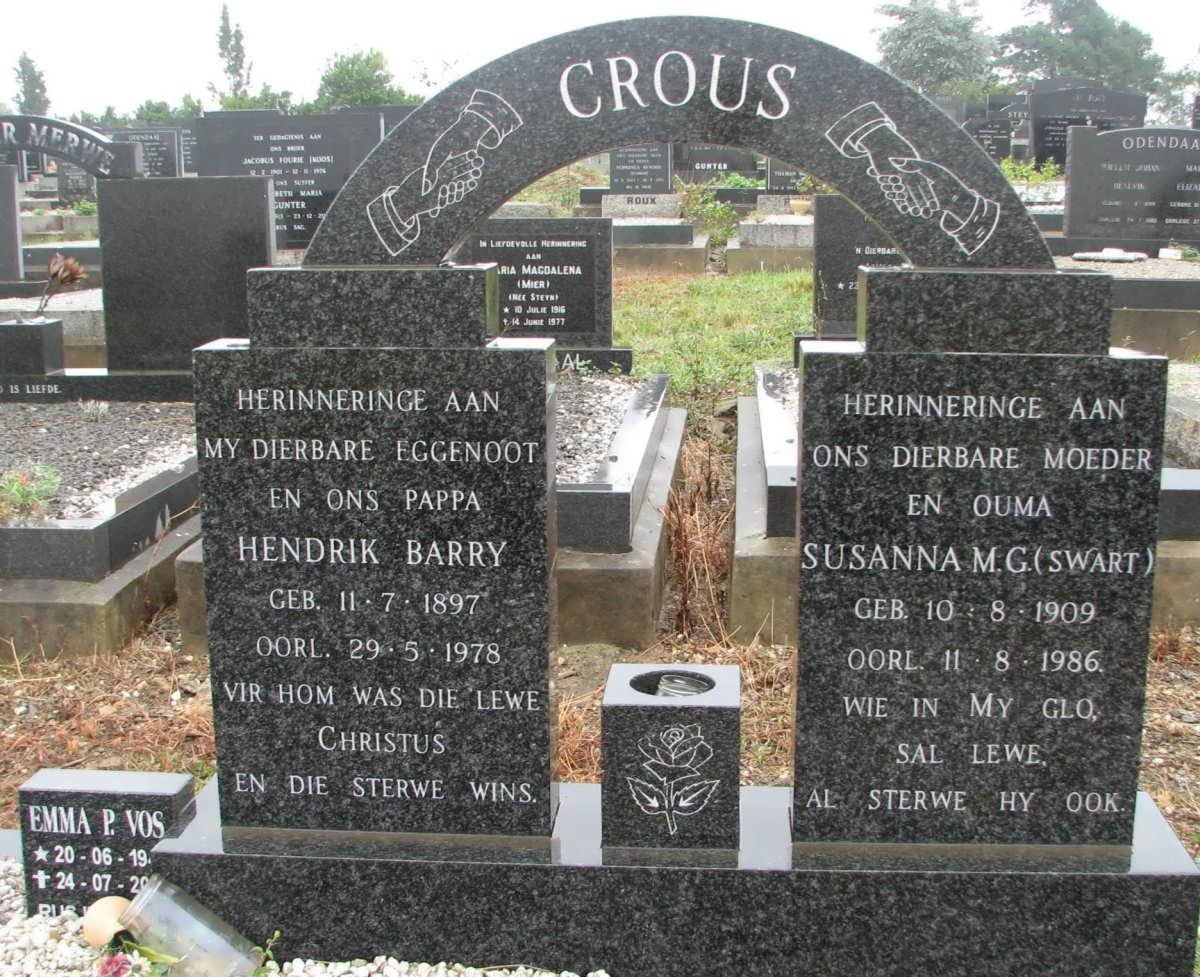 CROUS Hendrik Barry 1897-1978 &amp; Susanna M.G. SWART 1909-1986