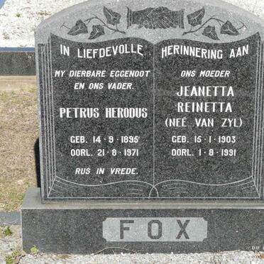 FOX Petrus Herodus 1895-1971 &amp; Jeanetta Reinetta VAN ZYL 1903-1991