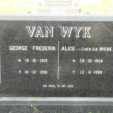 WYK George Frederik, van 1915-1991 &amp; Alice LE RICHE 1924-1998
