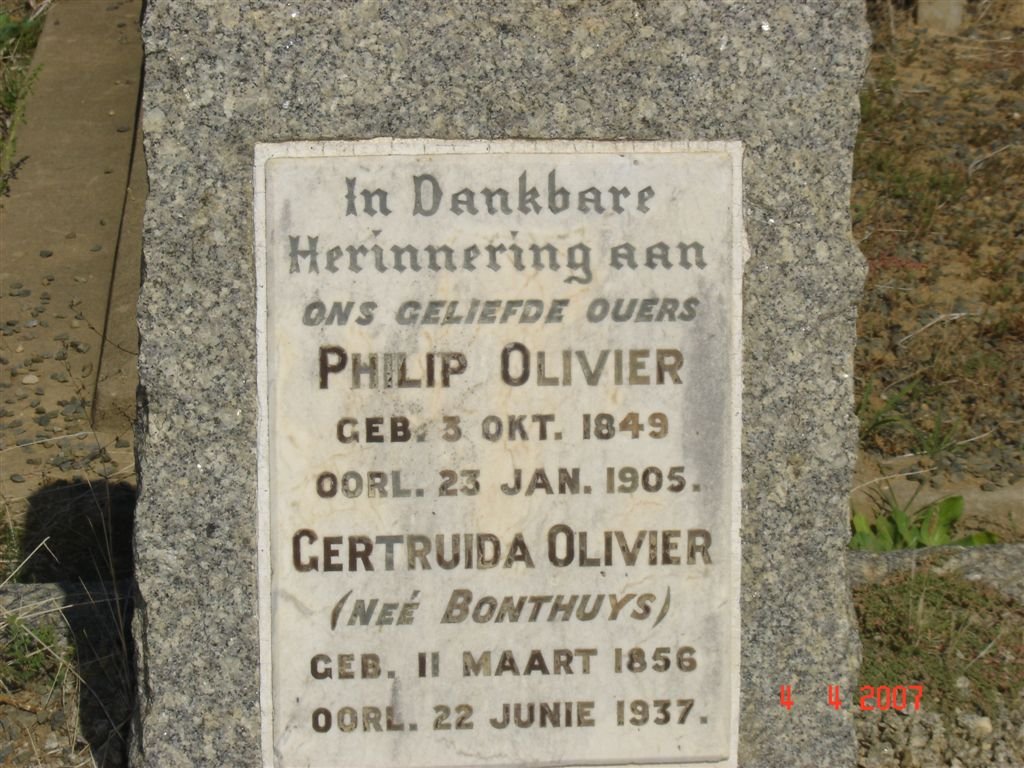 OLIVIER Philip 1849-1905 &amp; Gertruida BONTHUYS 1856-1937