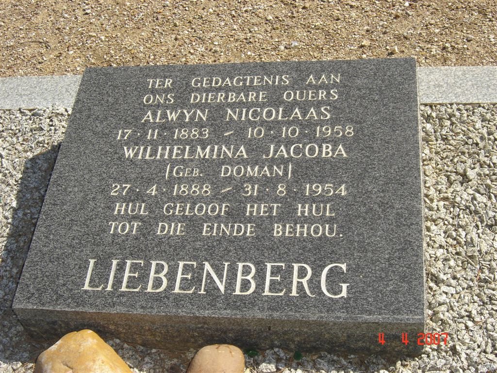 LIEBENBERG Alwyn Nicolaas 1883-1958 &amp; Wilhelmina Jacoba DOMAN 1888-1954