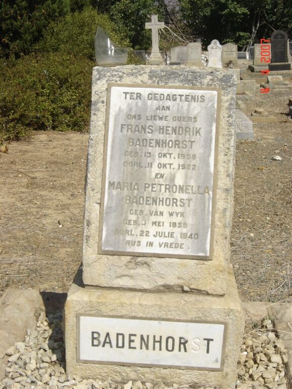 BADENHORST Frans Hendrik 1859-1922 &amp; Maria Petronella VAN WYK 1859-1940