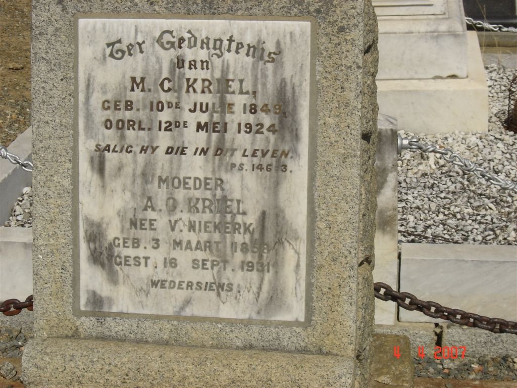 KRIEL M.C. 1849-1924 &amp; A.G. V. NIEKERK 1858-1931