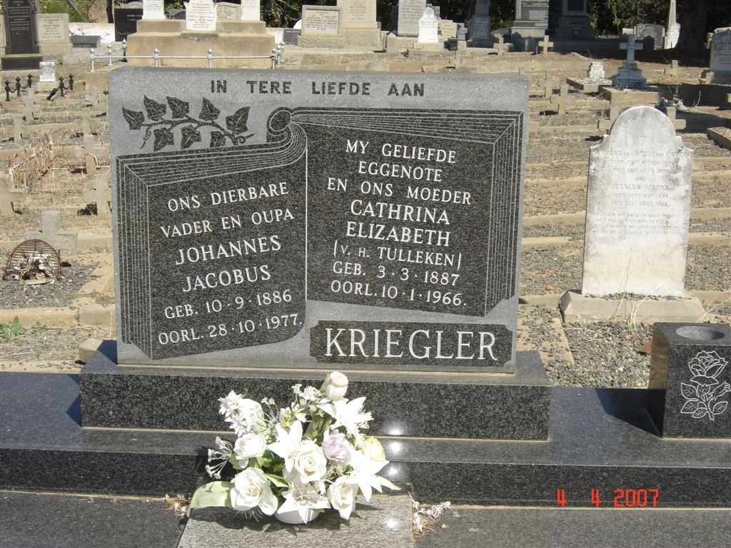 KRIEGLER Johannes Jacobus 1886-1977 &amp; Cathrina Elizabeth V.H. TULLEKEN 1887-1966