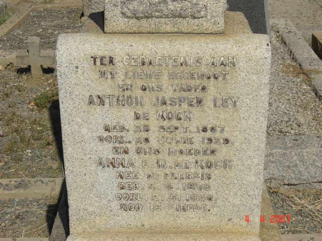 KOCK Anthon Jasper Ley, de 1867-1929 &amp; Anna E.M. DU PLESSIS 1870-1940