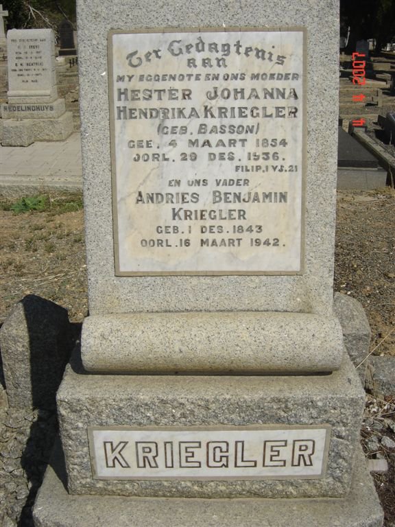 KRIEGLER Andries Benjamin 1843-1942 &amp; Hester Johanna Hendrika BASSON 1854-1936