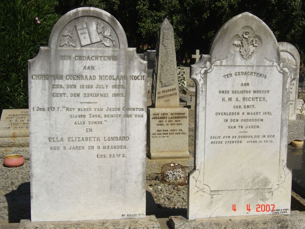 KOCH Christian Coenraad Nicolaas 1833-1883 :: LOMBARD Ella Elizabeth ??-?? ::  RICHTER H.M.A. nee SMIT -1891