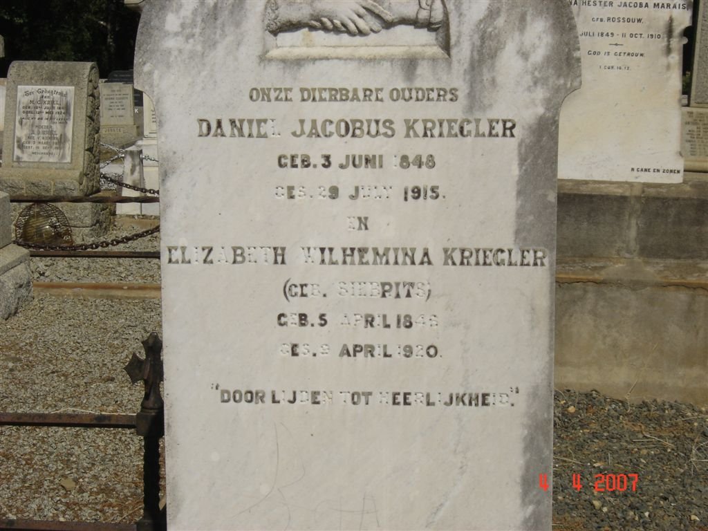 KRIEGLER Daniel Jacobus 1848-1915 &amp; Elizabeth Wilhelmina SIEBRITS 1845-1920