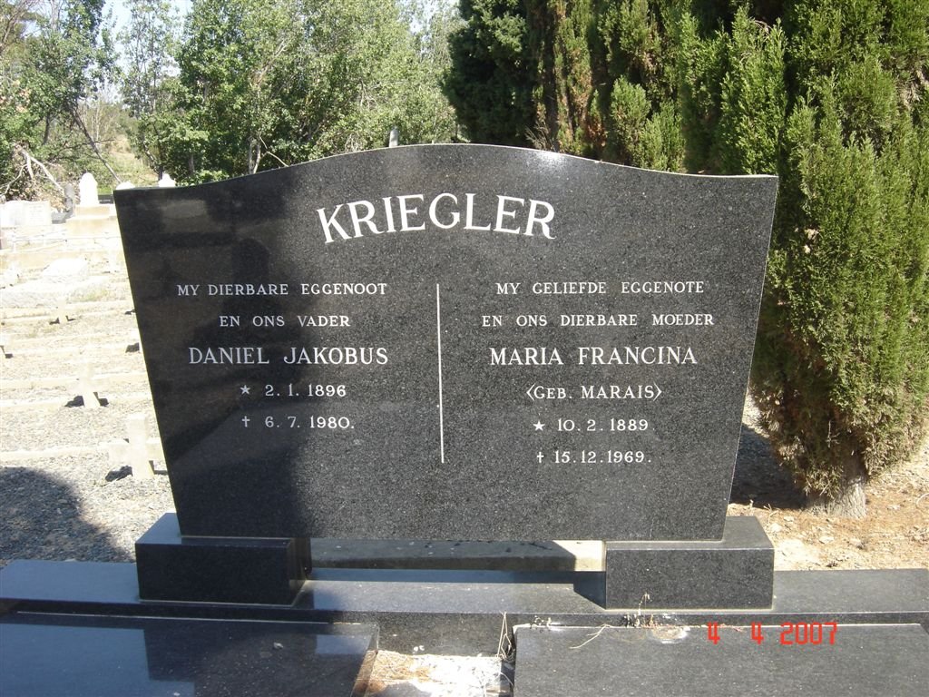 KRIEGLER Daniel Jakobus 1896-1980 &amp; Maria Francina MARAIS 1889-1969