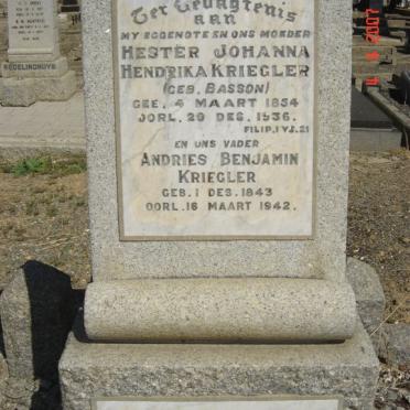 KRIEGLER Andries Benjamin 1843-1942 &amp; Hester Johanna Hendrika BASSON 1854-1936