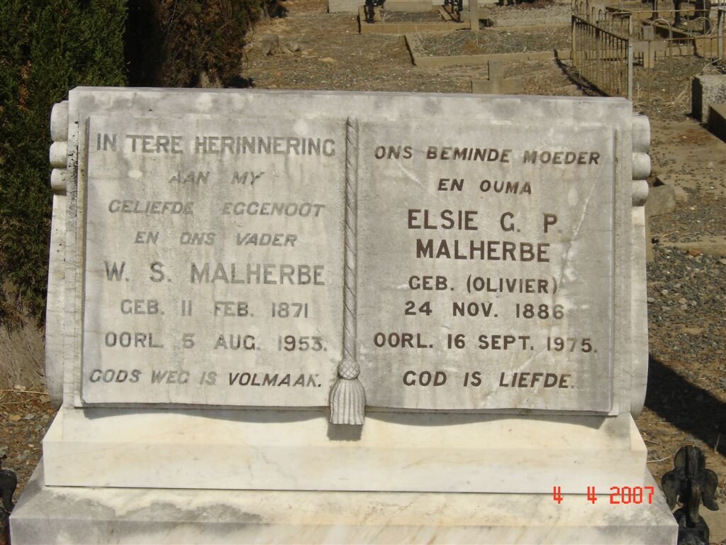 MALHERBE W.S. 1871-1953 &amp; Elsie G. P. OLIVIER 1886-1975