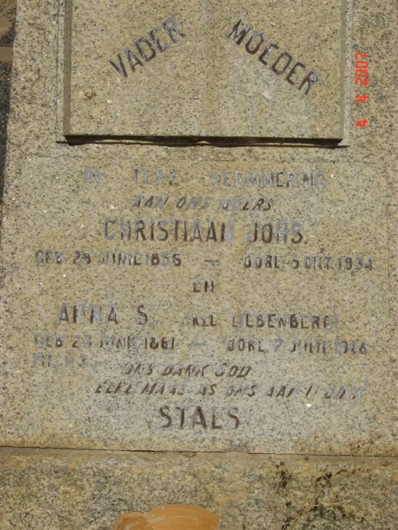 STALS Christiaan Johs. 1856-1934 &amp; Anna S. ELBENBERG 1861-19??