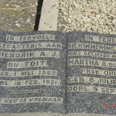TOIT Hendrik A.J., du 1862-1921 &amp; Martha A. QUIN 1864-1946