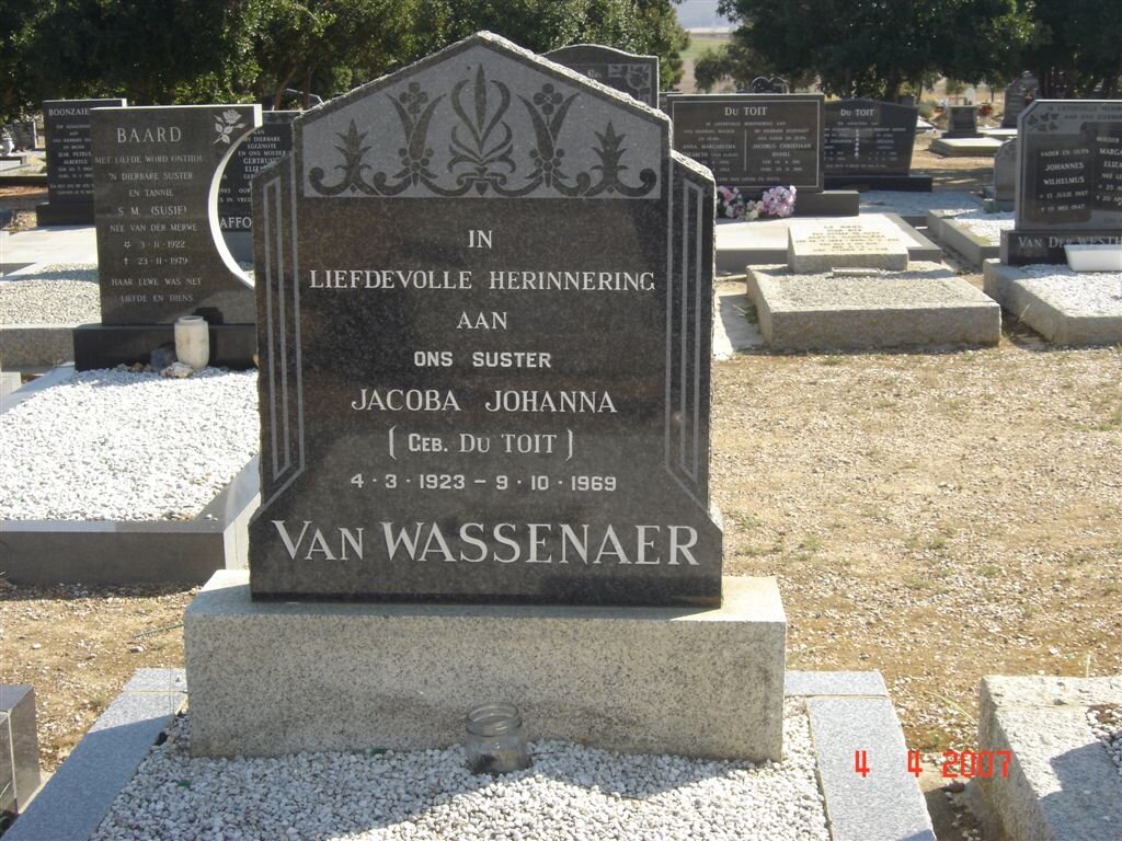 WASSENAER Jacoba Johanna, van nee DU TOIT 1923-1969