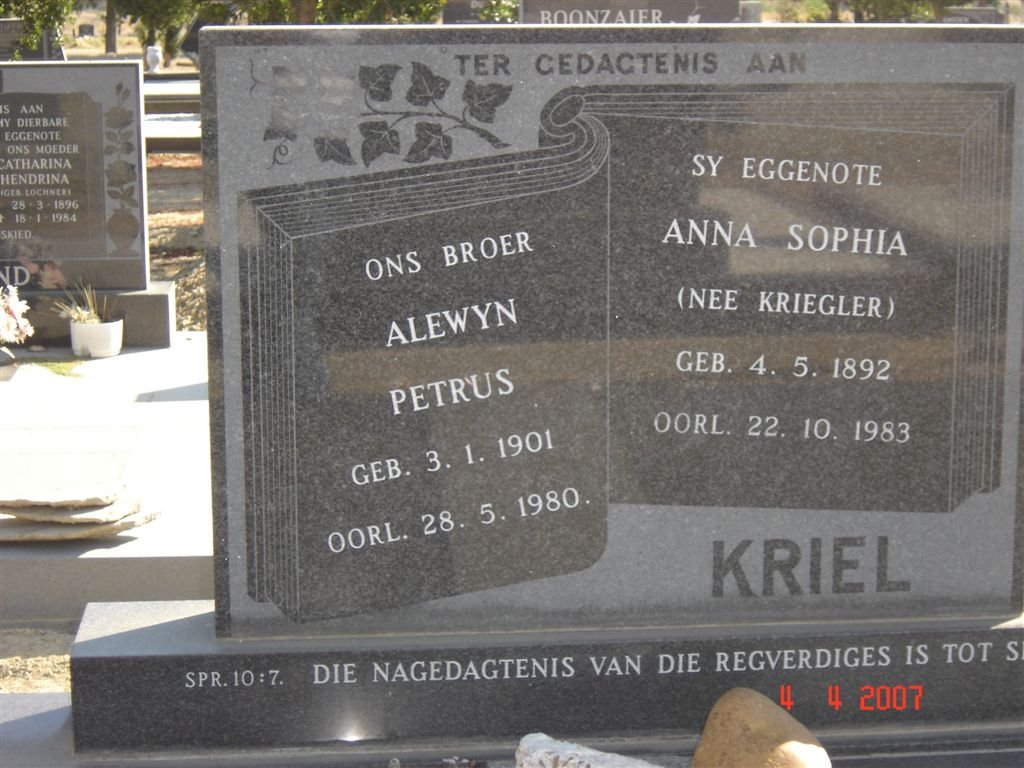 KRIEL Alewyn Petrus 1901-1980 &amp; Anna Sophia KRIEGLER 1892-1983