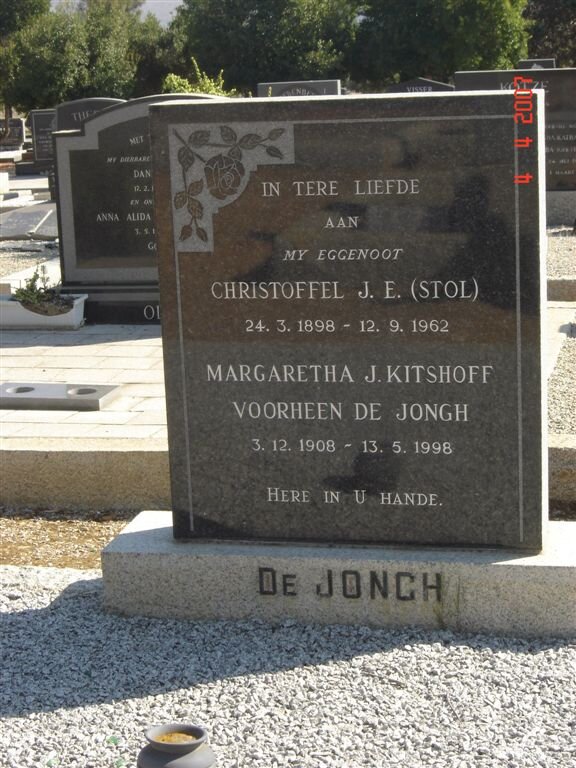 JONGH Christoffel J.E., de 1898-1962 &amp; Margaretha J. KITSHOFF formerly DE JONGH 1908-1998