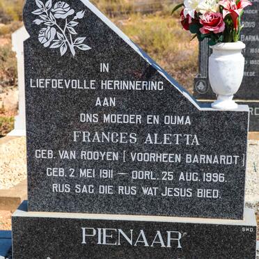 PIENAAR Frances Aletta voorheen BARNARDT nee VAN ROOYEN 1911-1996