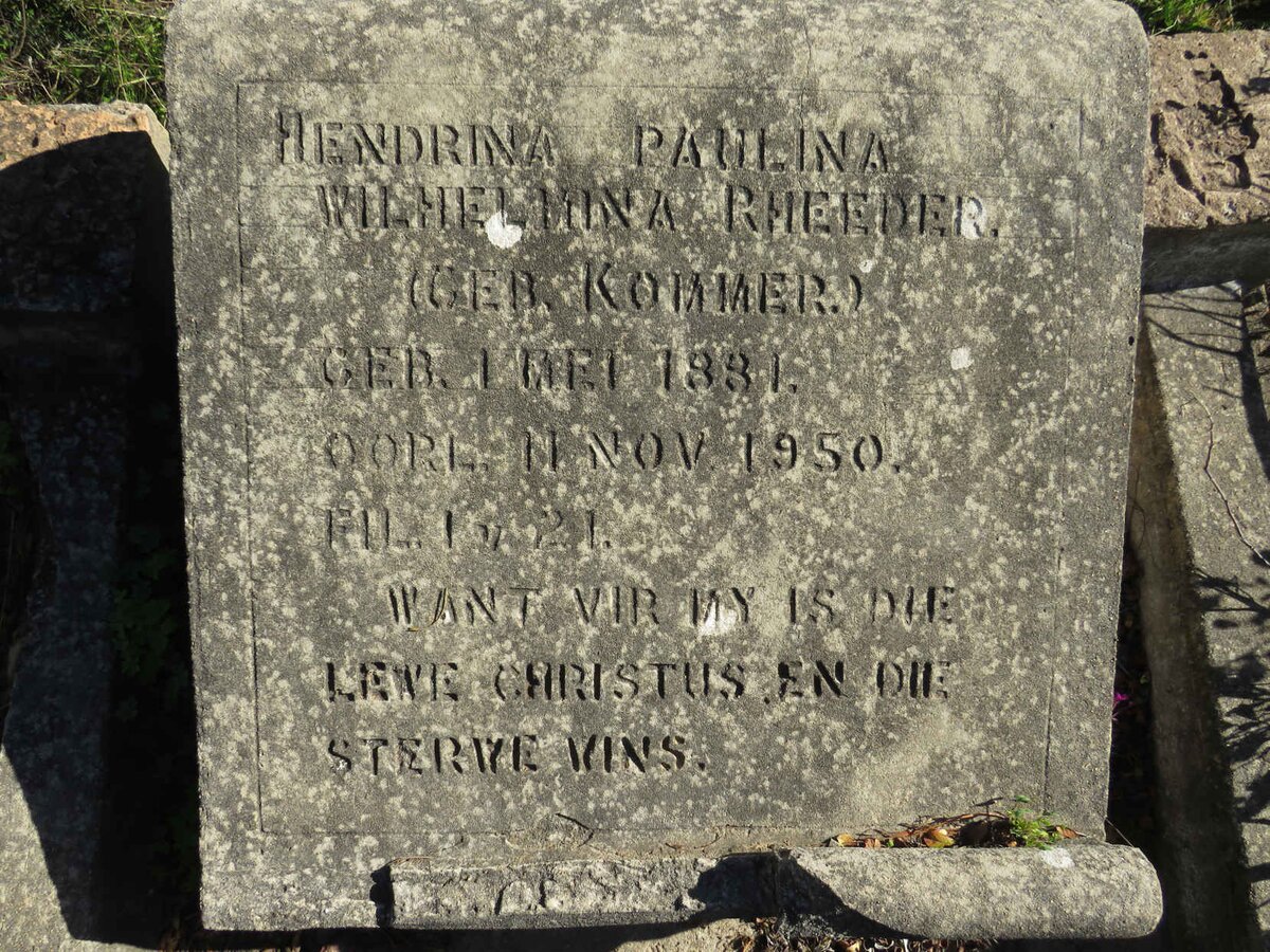 RHEEDER Hendrina Paulina Wilhelmina, nee KOMMER 1881-1950