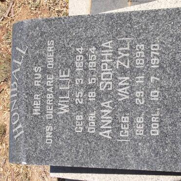 HONIBALL Willie 1894-1954 &amp; Anna Sophia van ZYL 1893-1970
