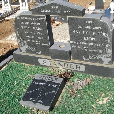 STANDER Matthys Petrus Hendrik 1916-1975 &amp; Sarah Maria 1922-1963 :: STANDER Benjamin Anton 1954-1966