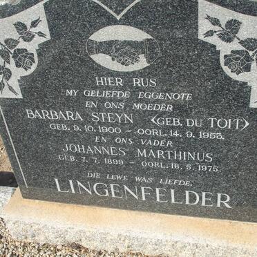 LINGENFELDER Johannes Marthinus 1899-1975 &amp; Barbara Steyn DU TOIT 1900-1953